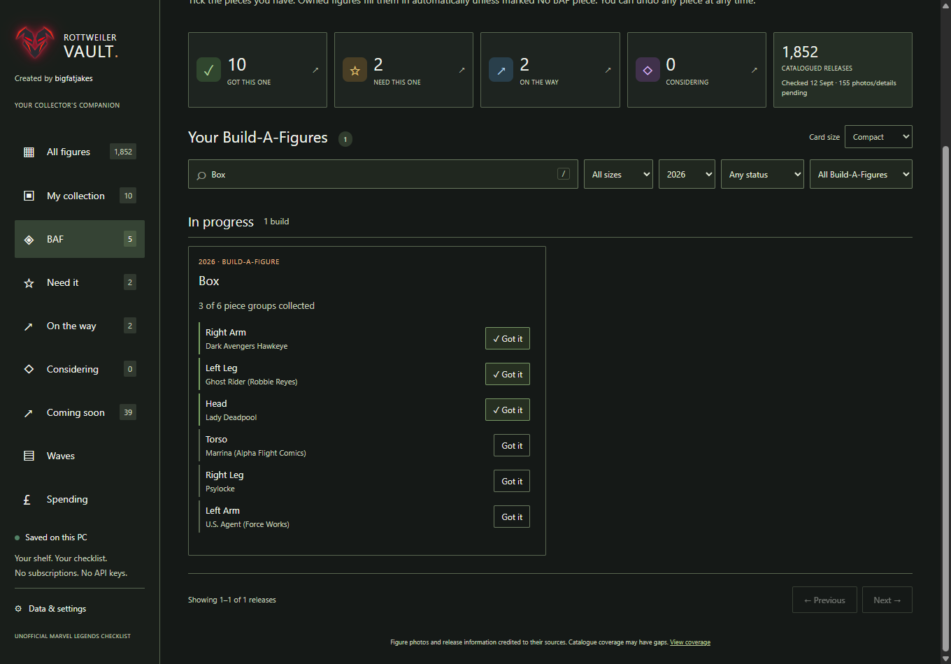 Actual desktop BAF view listing the Box build's individual parts and Got it buttons