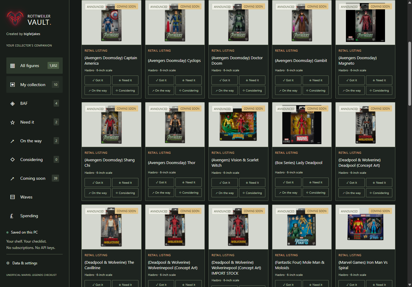 Rottweiler Vault desktop catalogue with figure photographs and separate collection tabs