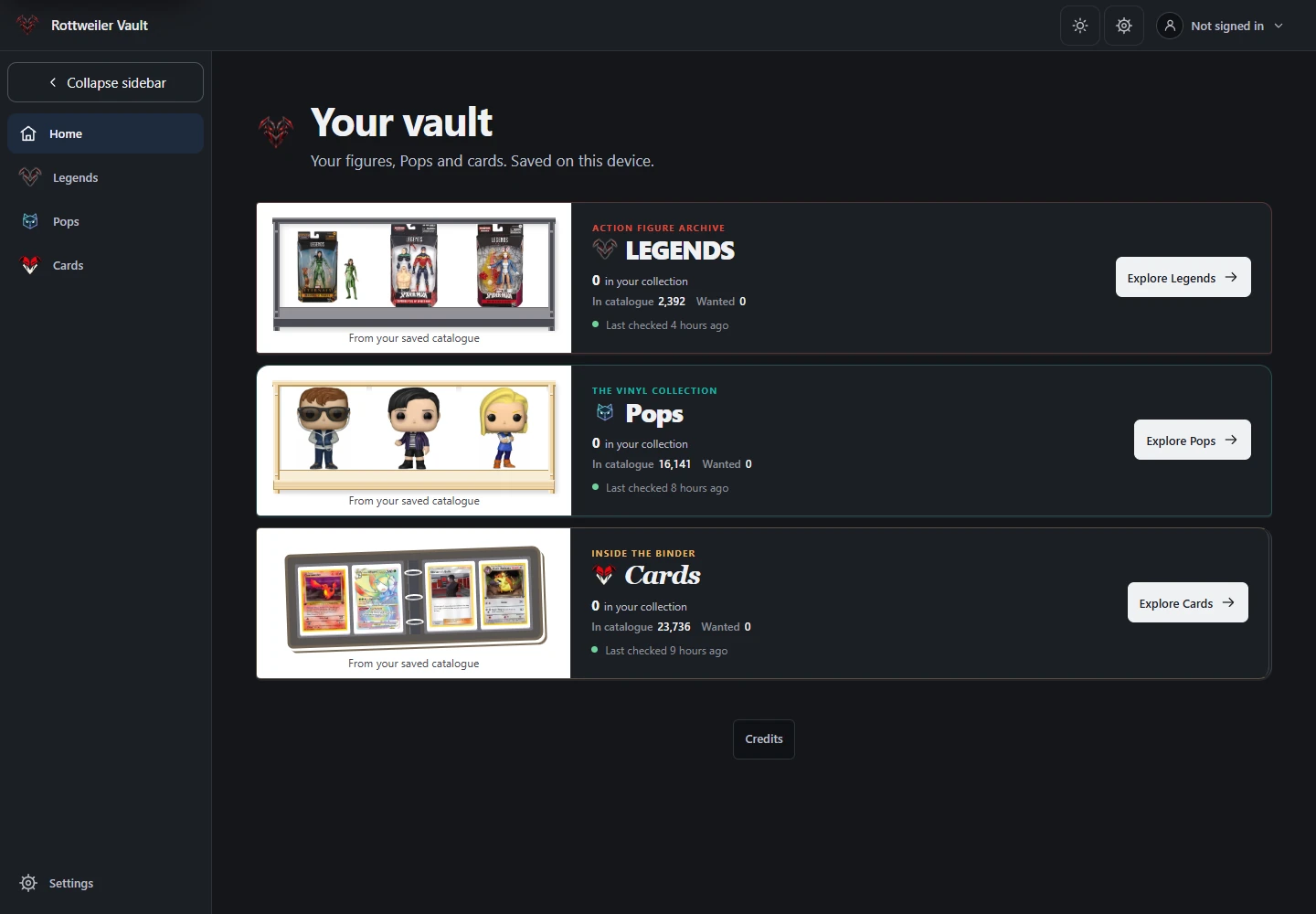 Vault’s real home screen with Legends, Pops and Cards