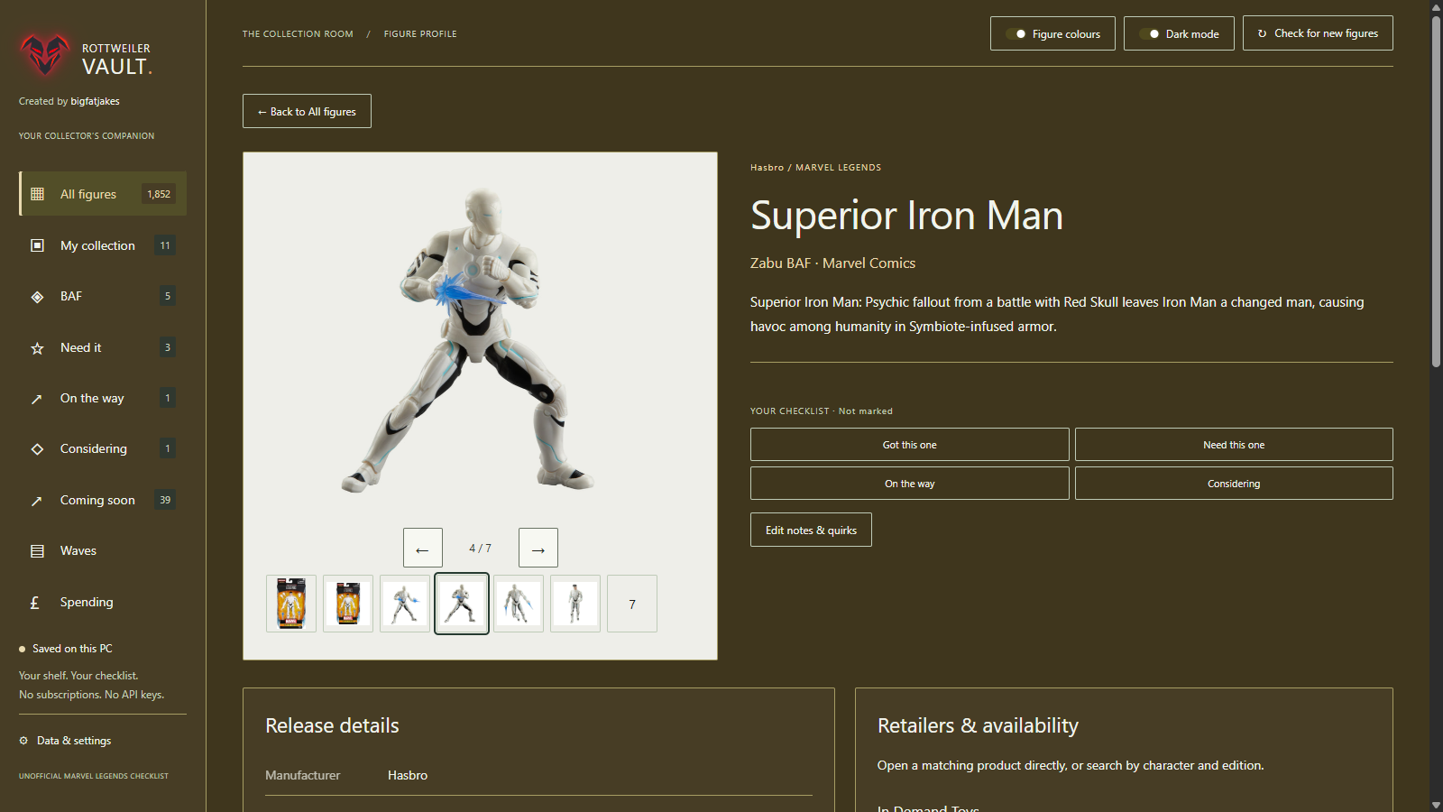 Superior Iron Man posed out of the box with gallery arrows and thumbnails in Vault