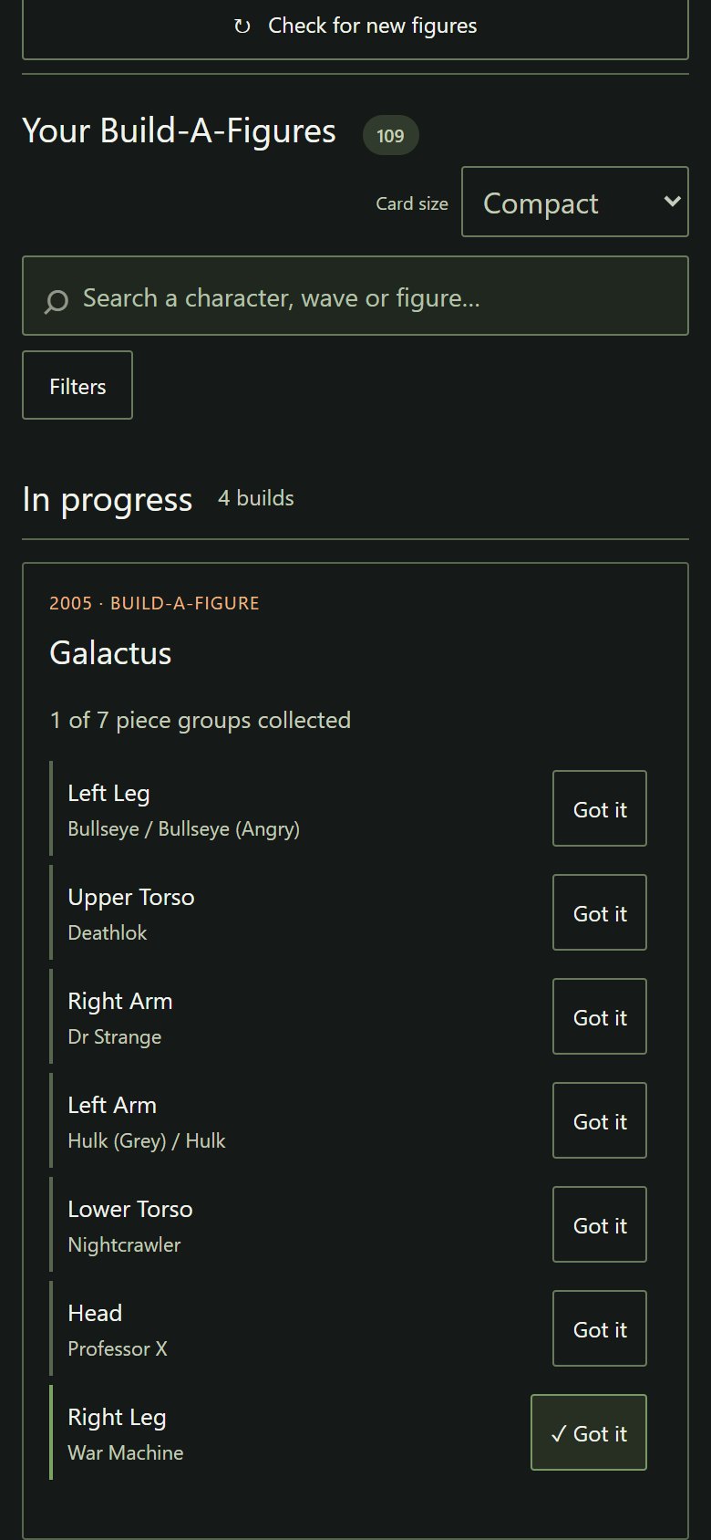 Android Build-A-Figure page showing a build in progress