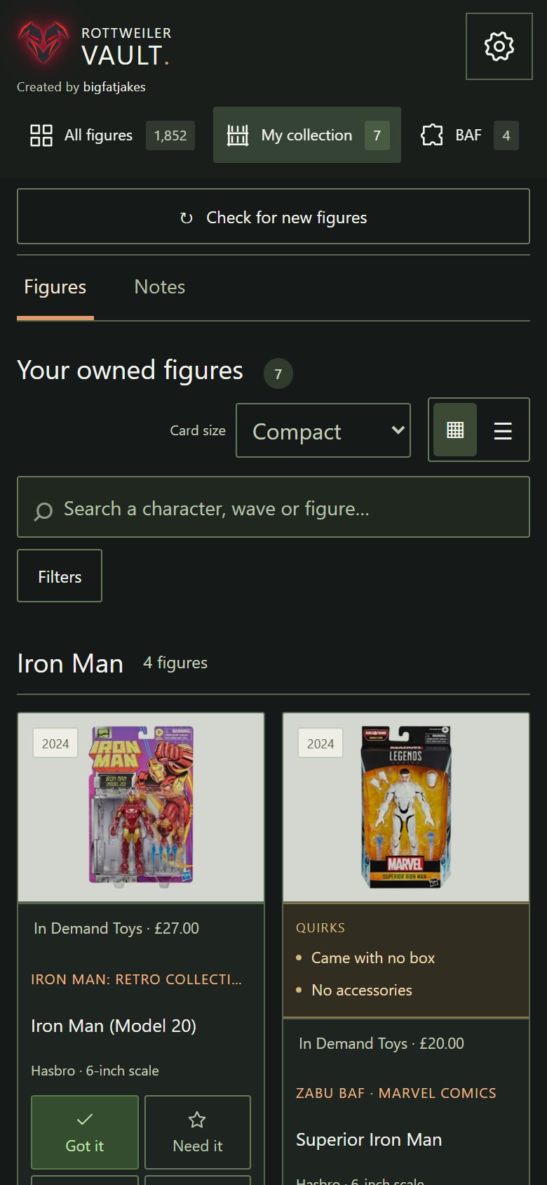 Dark mode collection grid with owned Marvel Legends figures