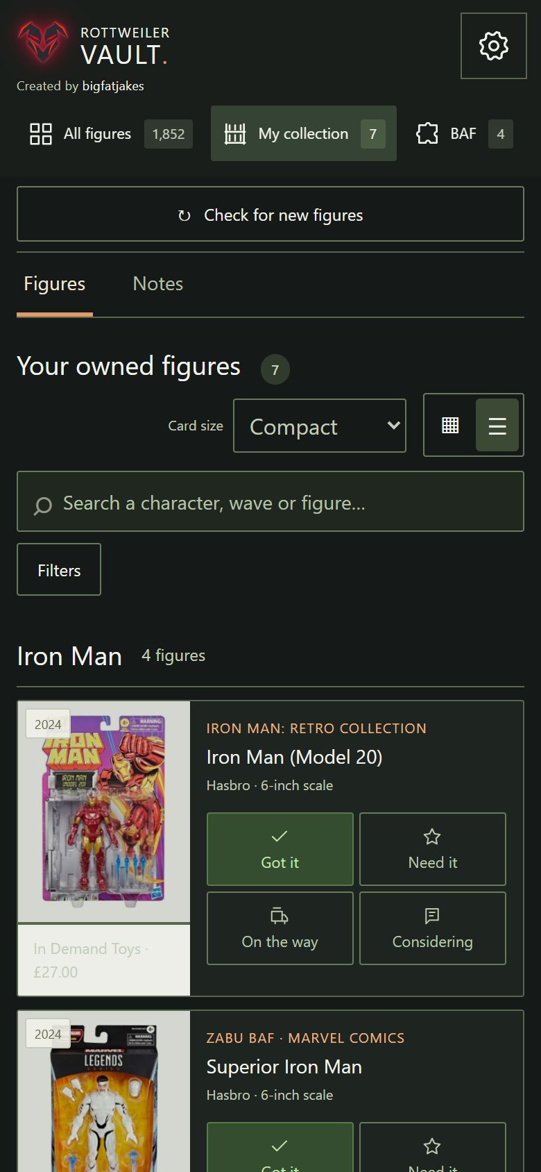 Android collection list with full-height figure photos