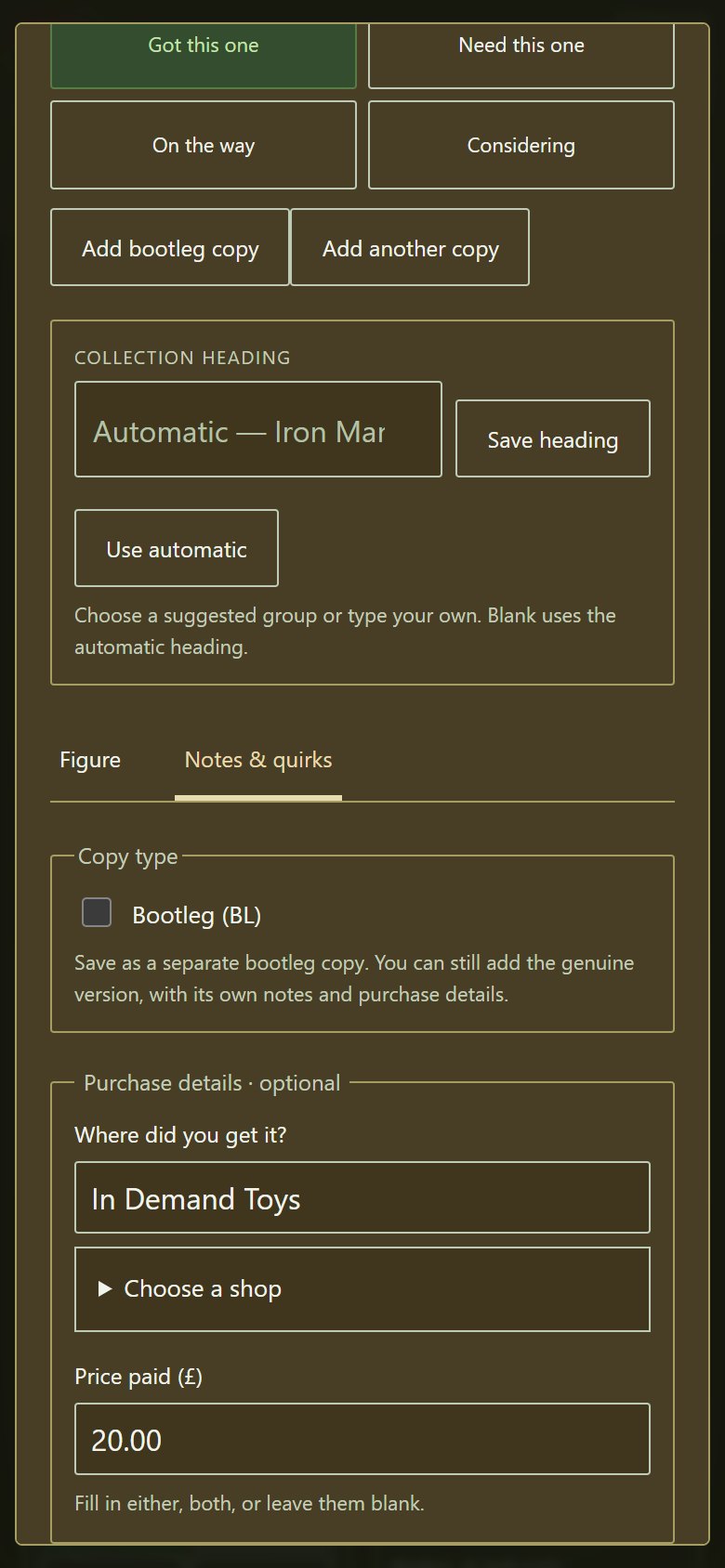 Purchase details and notes in the Android figure editor
